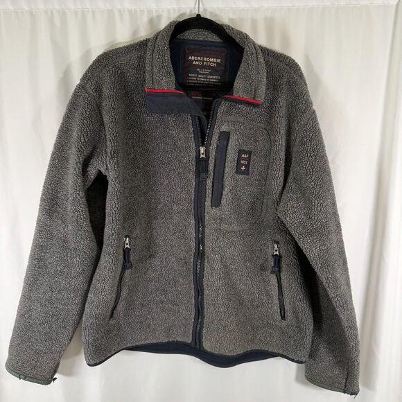 Vintage Abercrombie Fitch Jacket Men's Medium Grey Sherpa Zip Pockets Full Zip - Picture 1 of 12